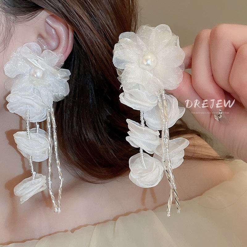 DREJEW เดรช 925 เงินเข็มดอกไม้ตาข่ายมุกพู่ต่างหูป่าสไตล์หวานอารมณ์โอ้อวดต่างหูแฟชั่น สุด ๆ นางฟ้า ต่างหู ไม่แพ้ง่าย