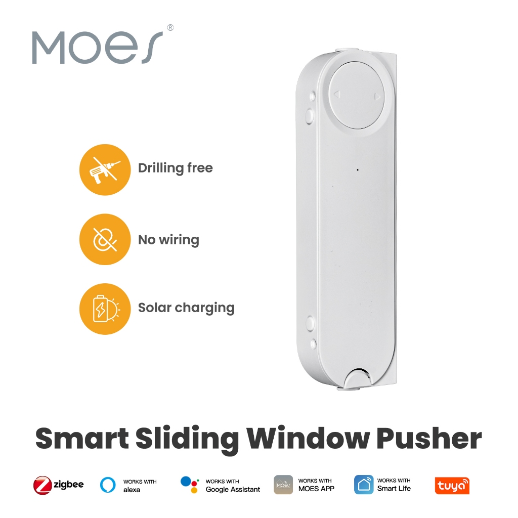 Moes Tuya ZigBee สมาร์ทหน้าต่างบานเลื่อน Pusher เปิดอัตโนมัติ Closer Solar Charging App รีโมทคอนโทรลสนับสนุน Alexa Google Home