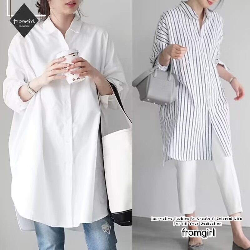 เสื้อเชิ้ตแขนยาวลําลอง คอปกคู่ ลายทาง แบบบาง แฟชั่นฤดูใบไม้ผลิ สไตล์เกาหลี สําหรับผู้หญิง