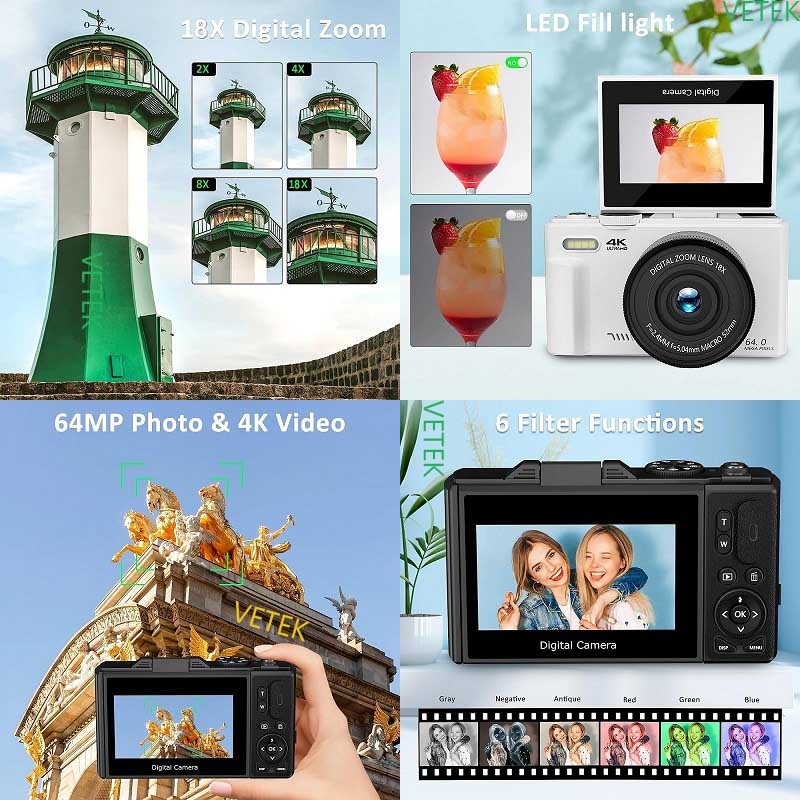VETEK 8 กล้องดิจิตอล 64MP 18X ถ่ายรูปถ่ายวีดีโอ ภาพชัด มีแฟลช กล้องย้อนยุค CCD Camera ป้องกันการสั่น หน้าจอ3.0นิ้ว