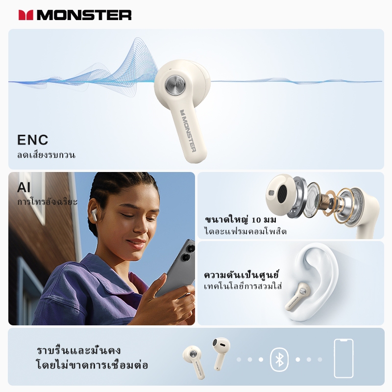 [หูฟังถูกๆ]หูฟัง Monster N-Lite 207 Ai หูฟังแปลภาษา ไร้สายบลูทูธ TWS หูฟังบลูทูธ 5.4 กันน้ำ IPX5 หูฟัง In Ear HiFi สเตอริโอตัดเสียงรบกวนหูฟังไร ้ สายพร ้ อมไมโครโฟน ลดเสียงรบกวน HD Music