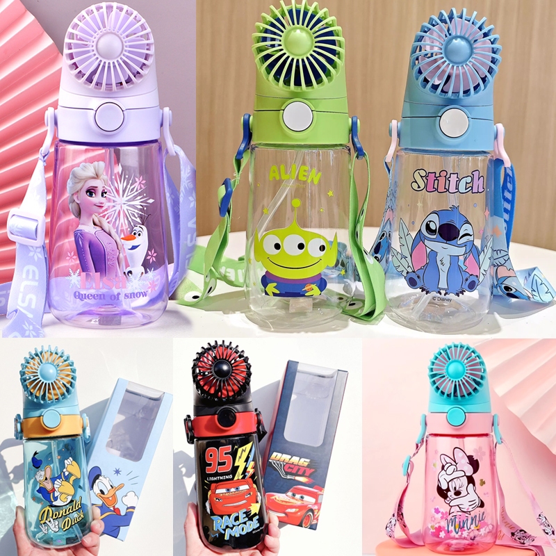ขวดน้ําเด็กพร้อมสายคล้อง ลายการ์ตูน Frozen Elsa + พัดลมหลอดเด้ง
