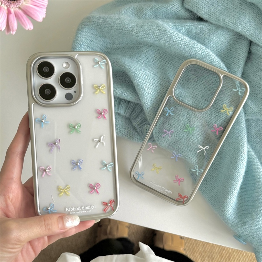 สําหรับiphone Case 15 Pro Max 14 Pro Max 13 Pro Max 12 Pro Max ElectroplatedกรอบเงินInsสีโบว์TPU Soft Case