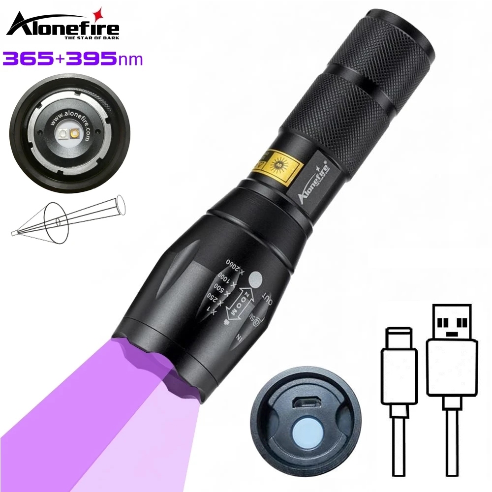 Alonefire G700 ซูม UV ไฟฉาย 365/395nm Led USB ชาร ์ จหมึกที ่ มองไม ่ เห ็ น Marker แมวสุนัขปัสสาวะเกลื ้ อนแร ่ เงิน Fluorescence Light
