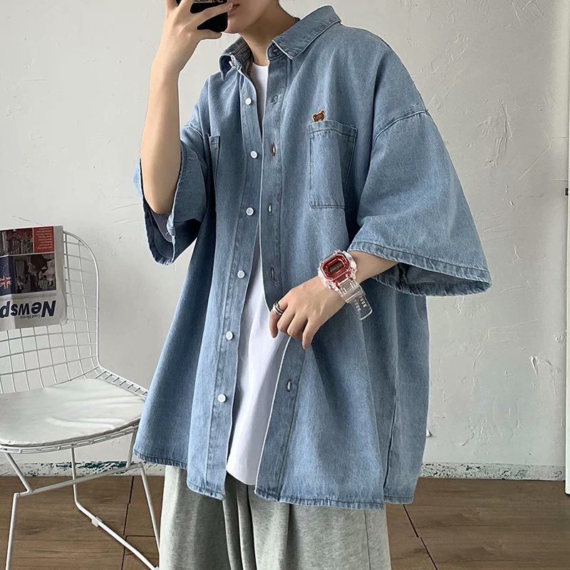 เสื้อเชิ้ตผู้ชาย เสื้อเชิ้ตยีนแขนสั้น ทรงหลวม สไตล์เรโทร แฟชั่นอเมริกัน สําหรับผู้ชาย และคู่รัก