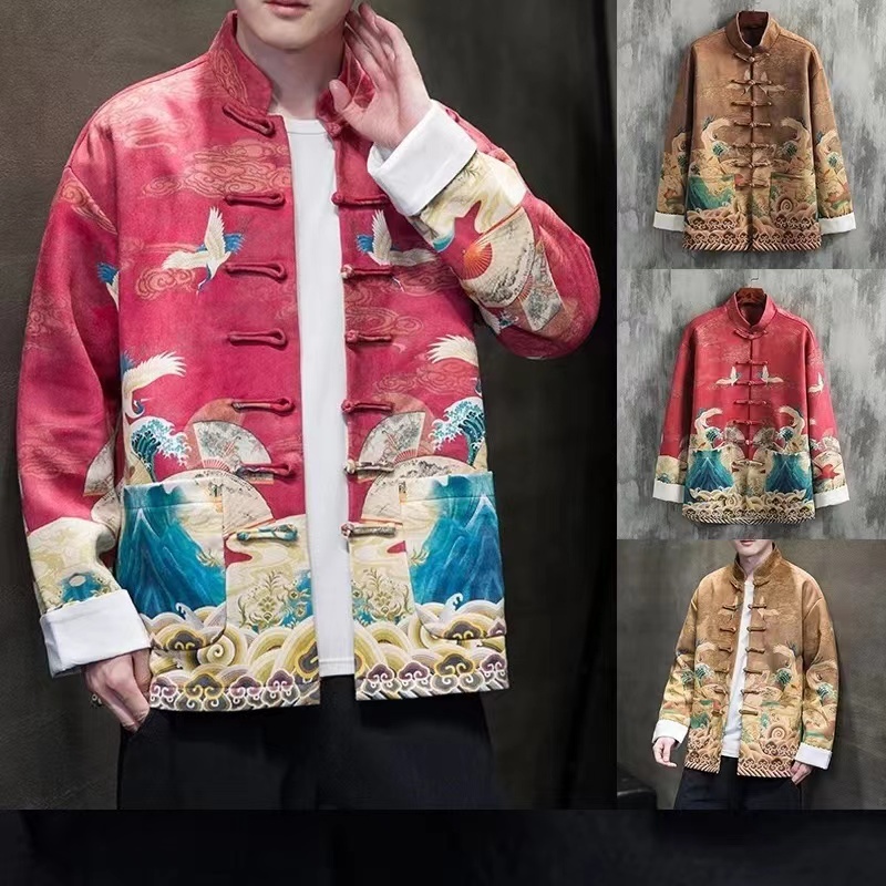 สไตล์จีน กลิ่นฉุน ชุดผู้ชายเยาวชนใหม่สไตล์จีนสไตล์จีนจีนเสื้อคอหัวเข็มขัดพิมพ์ ฮันฟู เสื้อแจ็คเก็ตแจ็คเก็ตฤดูใบไม้ผลิฤดูใบไม