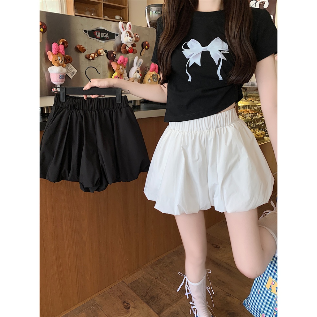 loveflower กางเกงดอกตูมของผู ้ หญิงฤดูร ้ อนใหม ่ เอวยางยืดหลวมกางเกงขาสั ้ นขากว ้ างกระโปรง