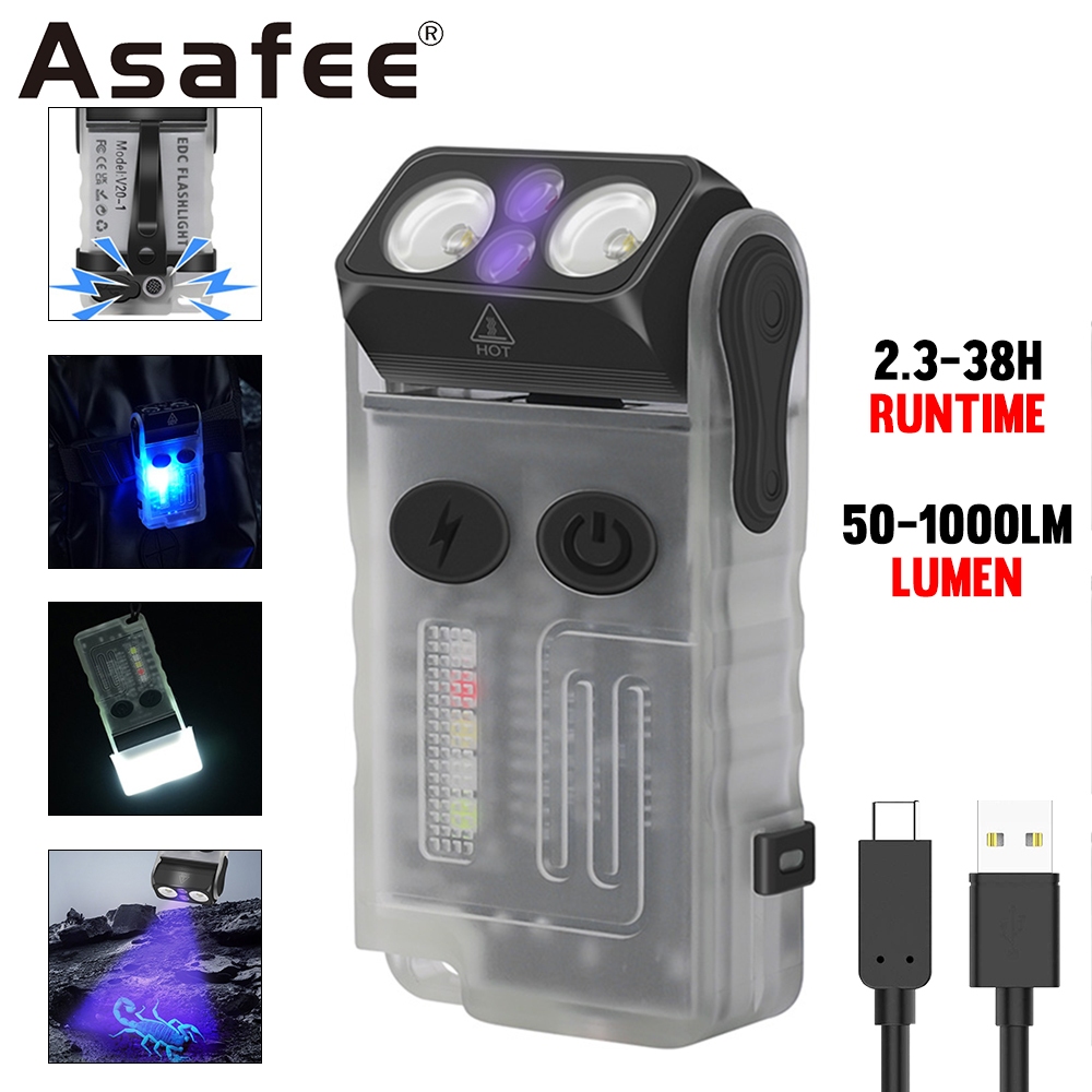 Asafee V20-1 EDC LED พวงกุญแจไฟฉายสีม ่ วง UV Light 1000LM แบบพกพาทํางานกระเป ๋ าไฟฉายเรืองแสง Beep แฟลชแม ่ เหล ็ ก Type-C โคมไฟ