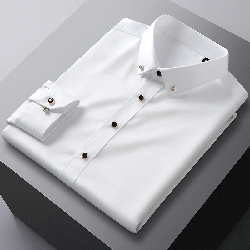 Casual Non Iron แขนยาวปุ่มเพชรผ้าไหมสํานักงานธุรกิจทํางานสังคมเสื้อเชิ้ตผู้ชายธรรมดา