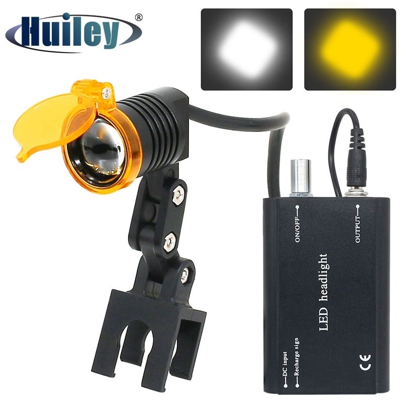 ไฟหน้า LED ไฟหน้าสําหรับทันตกรรม Loupes พร้อม Loupes คลิปตัวกรองสีเหลืองแบตเตอรี่แบบชาร์จไฟได้พร้อมคลิปด้านหลังความสว่างปรับได้