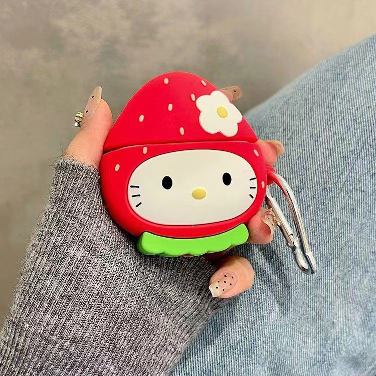 3d สตรอเบอร์รี่รูปร่างน่ารักการ์ตูน Kitty Soft ซิลิโคนป้องกันกรณี,ฝาครอบกันกระแทก,ใช้งานร่วมกับ Apple AirPods 1 2 Pro 3 Pro2 4 (ใหม่)