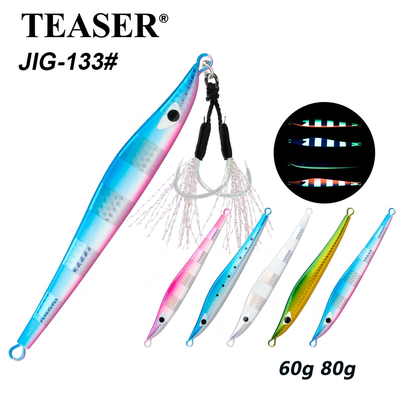 TEASER【J133】60g 80g ช้าโลหะ Jigging Lure Glow UV Jigs เหยื่อตะกั่ว Hard เหยื่อ Fast Sinking Long Cast Sinking Jigs เหยื่อสําหรับปลาแมคเคอเรลสเปนพร้อมตะขอคู่
