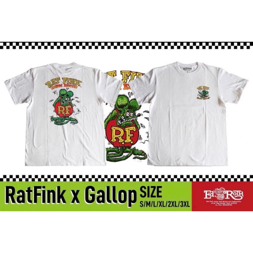 [คลังสินค้าพร้อม] Gallop + Rat Fink Rat Fink พิมพ์ผ้าฝ้ายแท้แขนสั้น All-Match อินเทรนด์ผู้ชายผู้หญิงเสื้อยืด