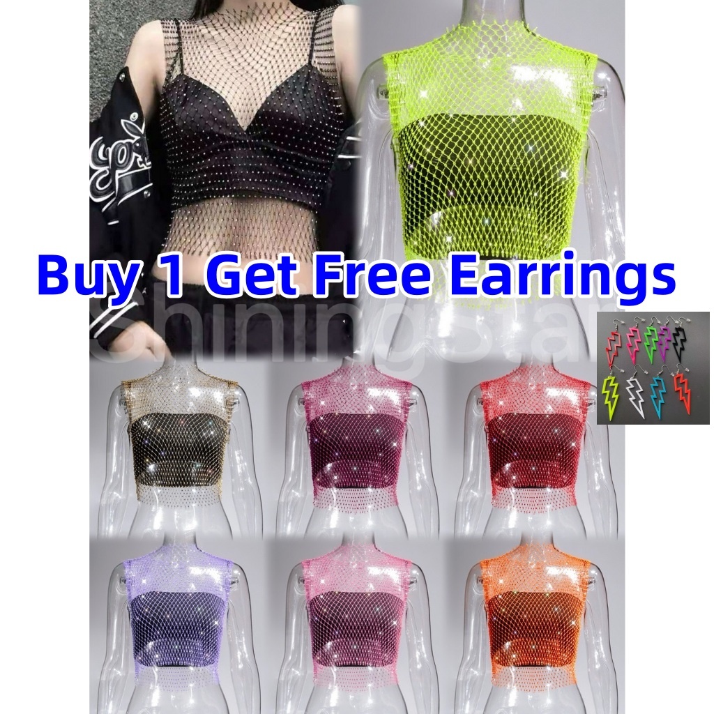 Shiningstars ผู้หญิง Glitter Rhinestones Halter Tank Top เงา Fishnet ตาข่าย Crop Top Rave ชุด Club ดูผ่าน Camisole Body