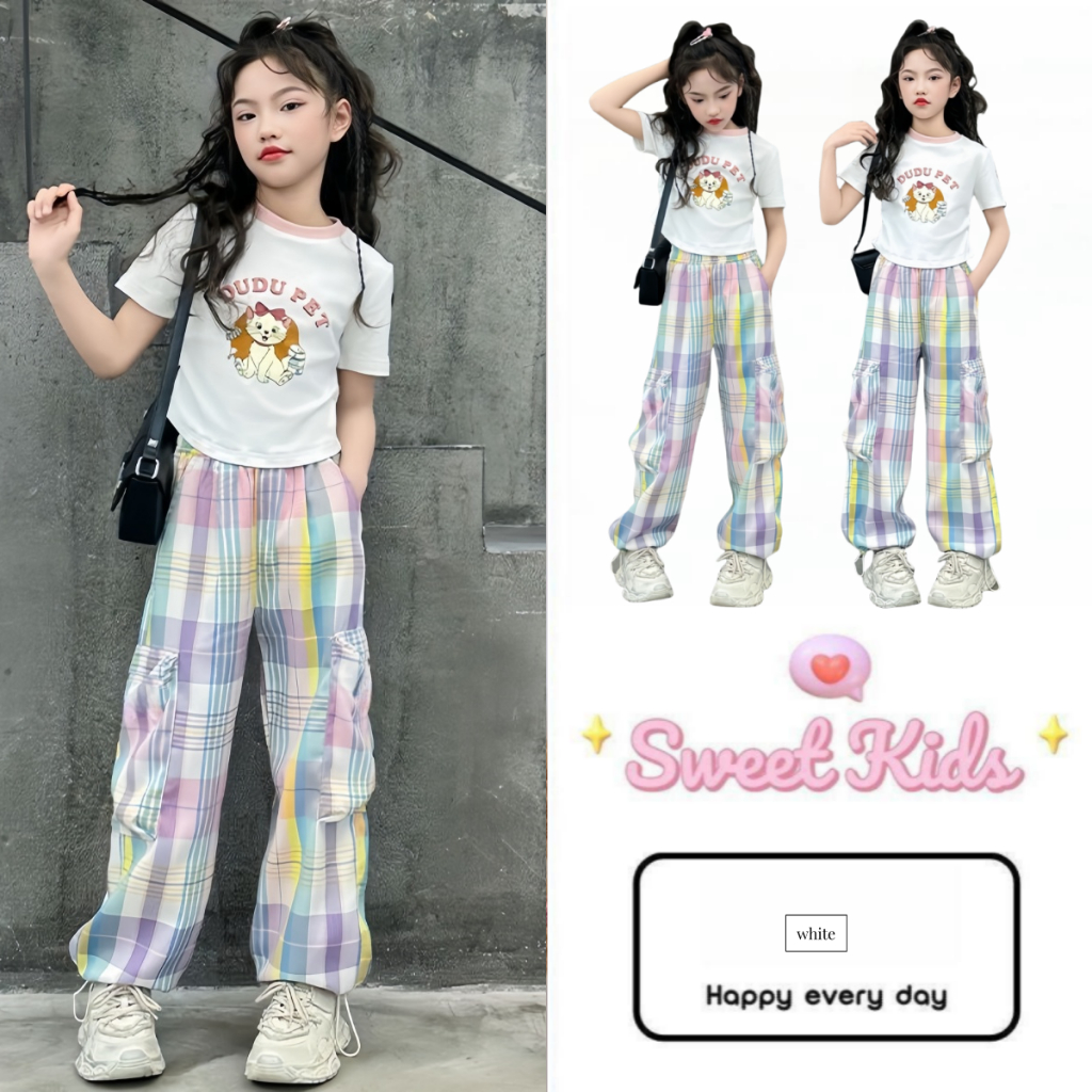 SweetKids พร้อมส่งจากกทม🌸ชุดเซ็ทเด็กผู้หญิง แฟชั่น🍓เสื้อแขนสั้นกางเกงขายาว ลําลอง สไตล์เกาหลี ลายสก็อต ใส่สบาย ฤดูร้อน