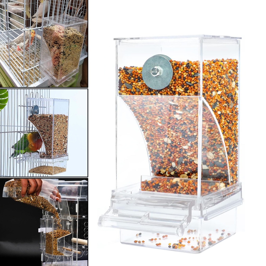 ในสต็อก 1 ชิ้นอัตโนมัติ Parrot Feeder เครื่องดื่มไม่มี Mess Bird Feeders อะคริลิคเมล็ดอาหารกรงอุปกรณ์เสริมขนาดเล็กและขนาดกลาง Parakees