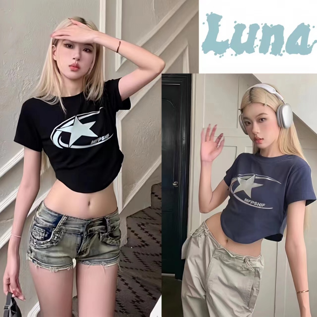 Luna shop🌻T-shirt✨✨สาวร้อนย้อนยุคสั้นหวานและเย็นกระบังลมเปลือยพิมพ์ตัวอักษรด้านบนการออกแบบแขนสั้น