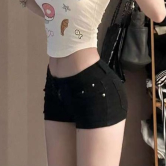 กางเกง Pure Desire ดีไซน์ใหม่เลกกิ้งสีดำฤดูใบไม้ผลิและฤดูร้อนเอวสูงใส่แล้วดูผอมกางเกงขาสั้นผ้ายีนส์รัดรูปสุดฮอต