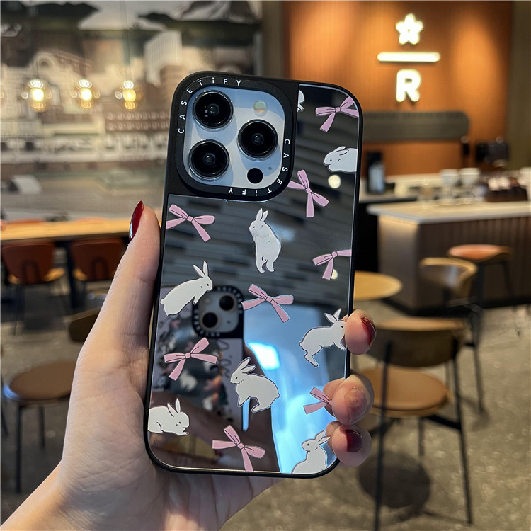 กระจกปลอกสีชมพูริบบิ้นกระต่ายสําหรับiphone 11 12 13 14 15 16 Pro Max X XR XSMAX 7 8 SE2020 เคสโทรศัพท์กันกระแทกคลุมทั้งหมด