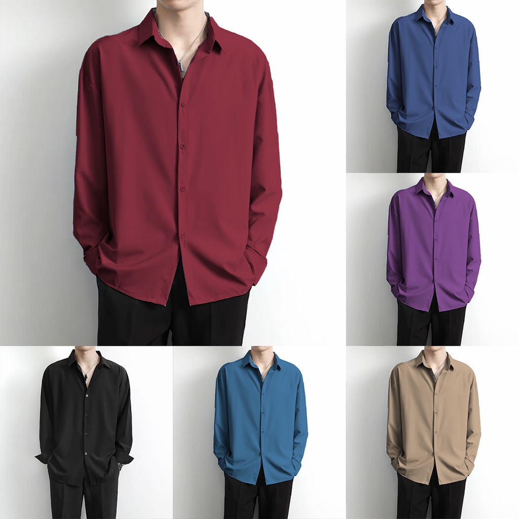 M-4XL เสื้อเชิ้ตผู้ชาย เสื้อเชิ้ตแขนยาวลำลองผ้าไหมน้ำแข็งแฟชั่นสไตล์เกาหลี