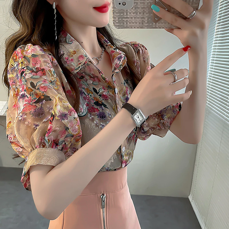 เสื้อชีฟองแขนสั้นพิมพ์ลายดอกไม้ คอปกทรงหลวม แขนพัฟ สำหรับผู้หญิง