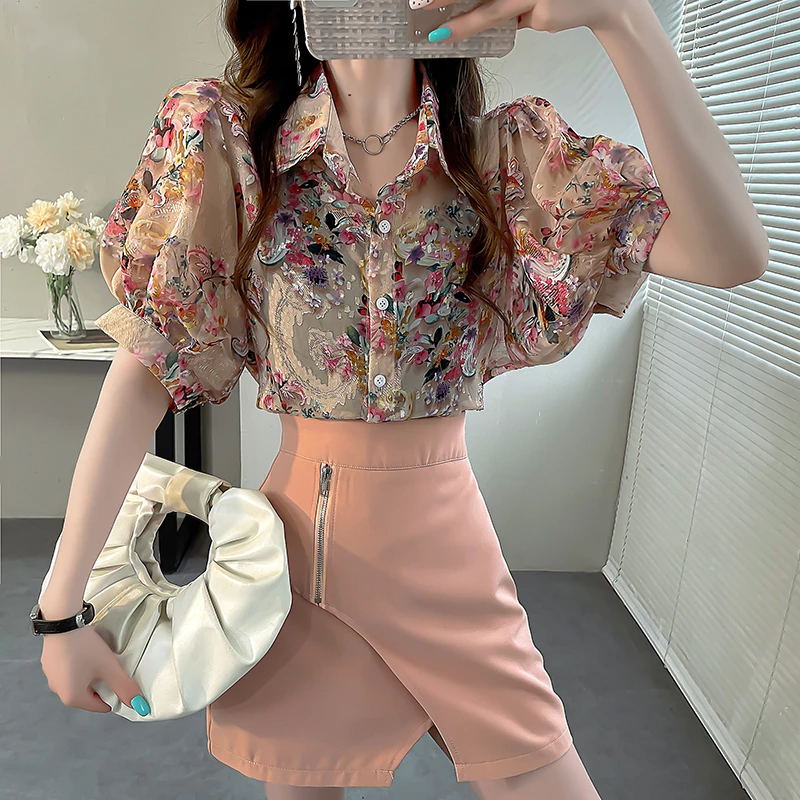 เสื้อชีฟองแขนสั้นพิมพ์ลายดอกไม้ คอปกทรงหลวม แขนพัฟ สำหรับผู้หญิง thumbnail 4