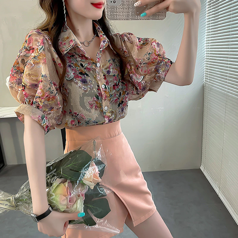 เสื้อชีฟองแขนสั้นพิมพ์ลายดอกไม้ คอปกทรงหลวม แขนพัฟ สำหรับผู้หญิง thumbnail 6