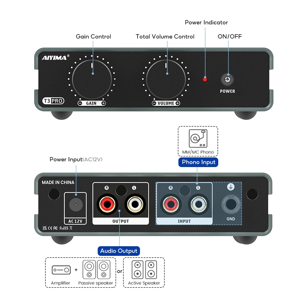 Aiyima T3 PRO RIAA MM/MC Phono Preamplifier เครื่องเล่นแผ่นเสียงไวนิลสเตอริโอ Preamp เครื่องขยายเสียง Turntable Phonograph Gain Control