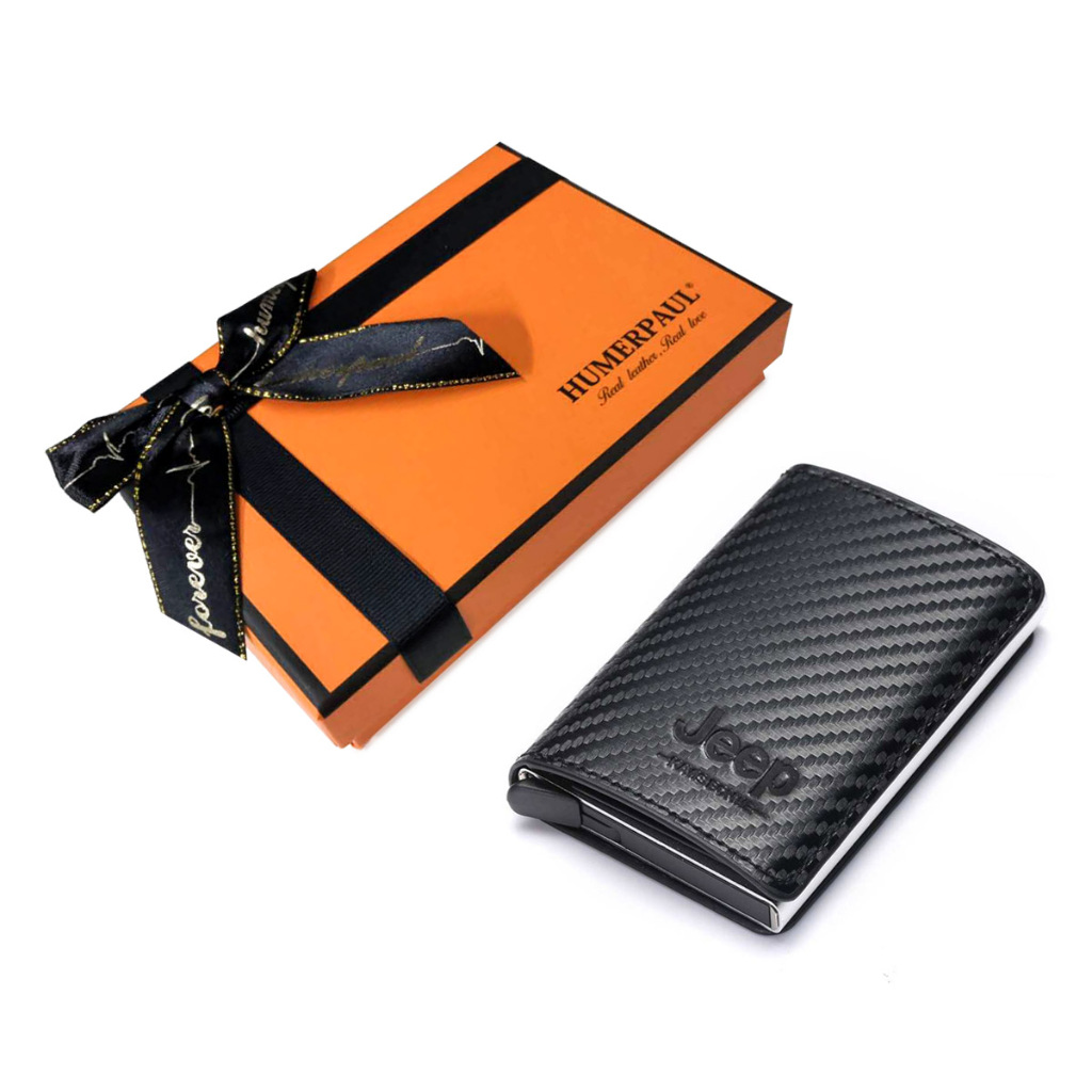 Humerpaul RFID Blocking Antitheft ID ผู้ถือบัตรเครดิตบาง Aluminium กระเป๋าสตางค์หนัง PU กระเป๋า Dompet Lelaki พร้อมกล่องของขวัญ
