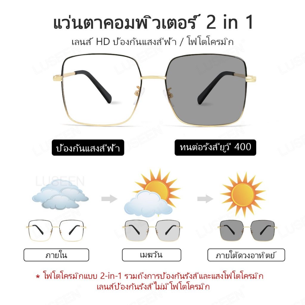LUSEEN แว่น แว่นตาโฟโตโครมิก กันUV99% แว่นกรองแสง แฟชั่นเกาหลี ป้องกันแสงสีฟ้า แว่นตาแฟชั่น AG2252