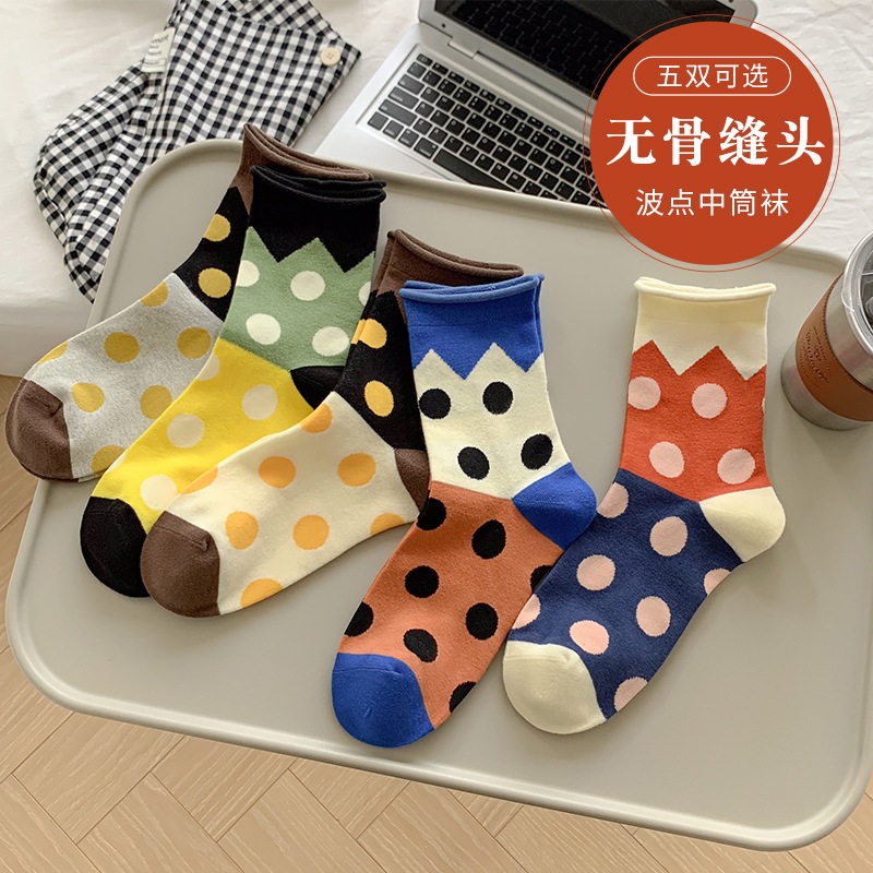 D1 D179 Four Seasons Pure Cotton Mid-Tube ถุงเท้าญี่ปุ่น Polka Dot ถุงเท้าอินเทรนด์หลวมปาก Curling Side Pile ถุงเท้า