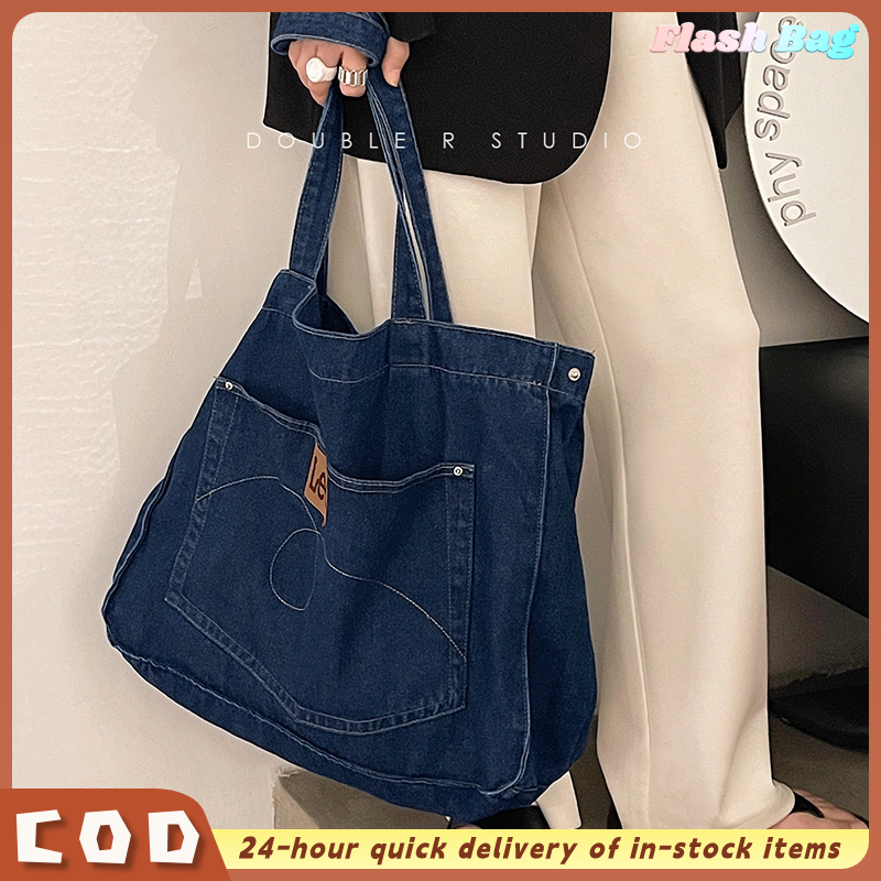 Fb123 Tote Bag สําหรับผู้หญิง Local Denim ทนทานผ้านุ่มคุณภาพสูงกระเป๋านักเรียนนักเรียนขนาดใหญ่มีซิป