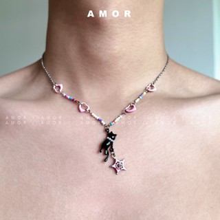 แมวดําสร้อยคอลูกปัดดาวสีชมพูสําหรับผู้หญิงฤดูร้อน ย2เค สาวเผ…