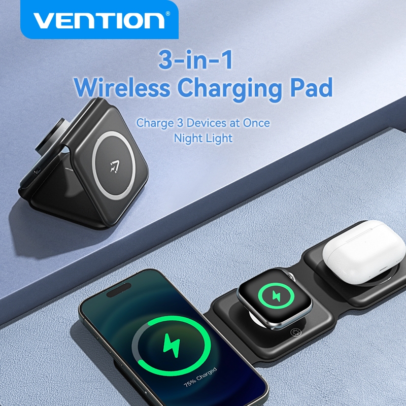 Vention 15W พับได้ 3 in 1 Wireless Magnetic Charger Fast Charging Dock LED Night Light สําหรับ iPone