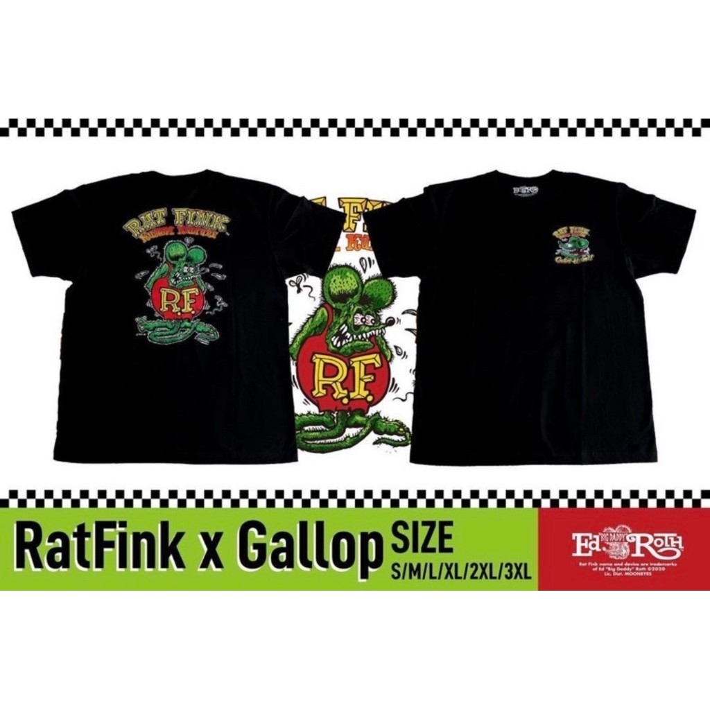 ((คลังสินค้าพร้อม) Gallop + Rat Fink Rat Co-Branded พิมพ์ฤดูใบไม้ผลิเต็มแขนสั้นผู้ชายผู้หญิงเสื้อยืด
