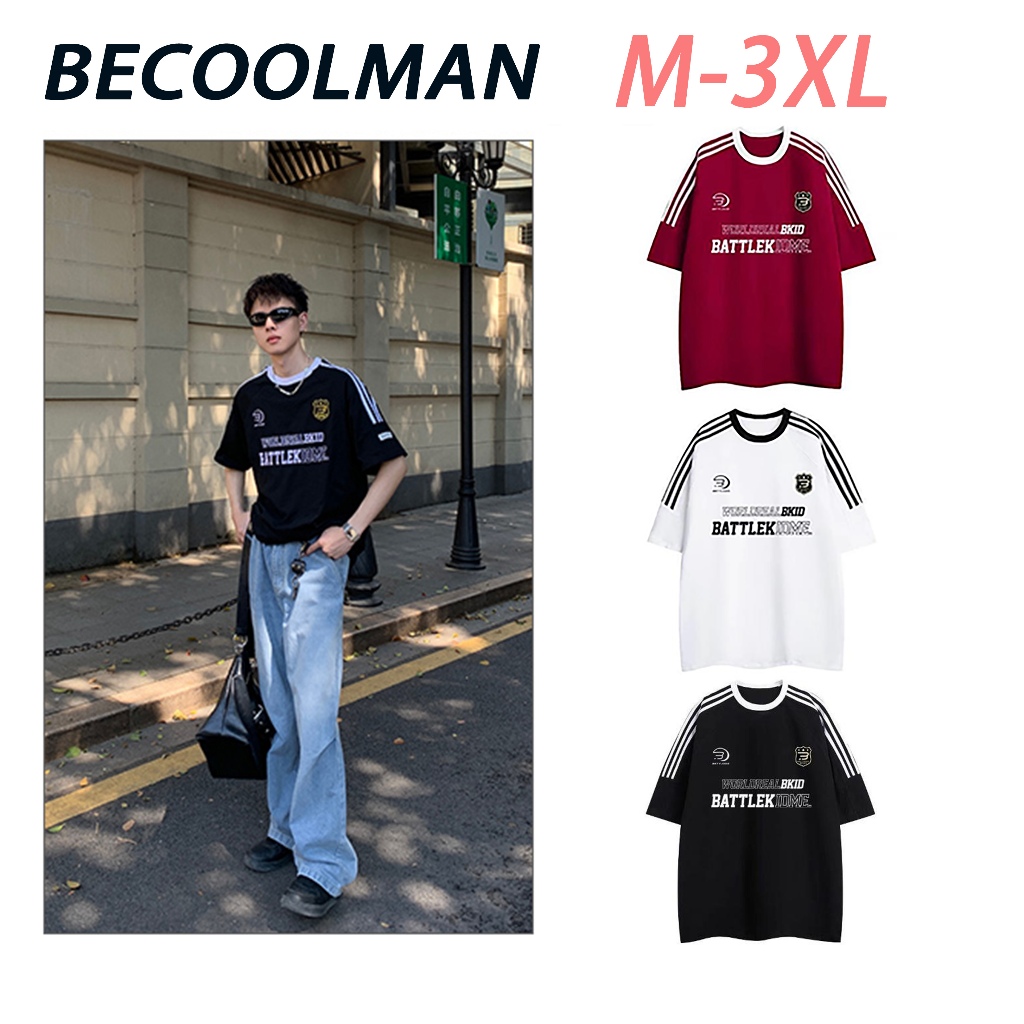 BeCoolMan 【M-3XL】high street american เสื้อยืดลําลอง แขนสั้น คอกลม พิมพ์ลายตัวอักษร ทรงหลวม แฟชั่นฤดูร้อน สไตล์เรโทร สําหรับผู้ชาย