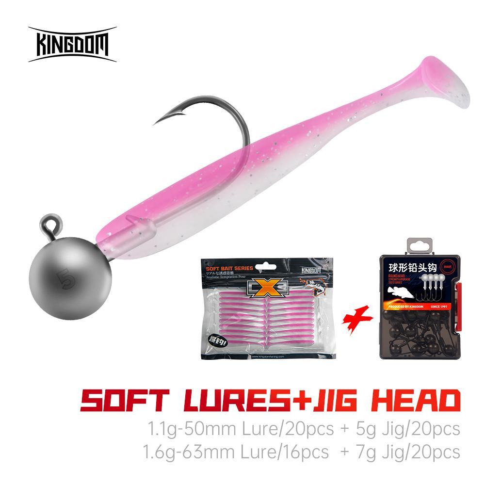 Kingdom 20pcs Jig Head Soft Lures Combo เหยื่อตกปลา 50 มม.63 มม.5g 7g หนอนเหยื่อล่อเหยื่อปลอม Jig Swim Crankbait T-Tail Fishing Tackle Swimbait