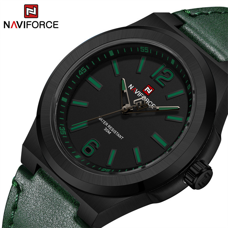 Naviforce นาฬิกาข้อมือควอตซ์แฟชั่น สายหนังวัวแท้ กันน้ํา สีเขียว หรูหรา สําหรับบุรุษ