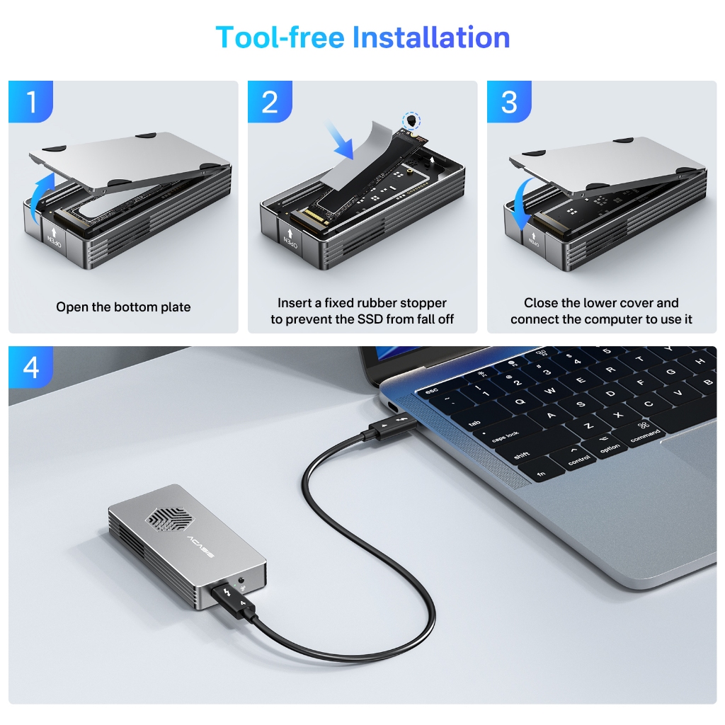 Acasis 40Gbps Thunderbolt4 USB4.0 NVME M.2 SSD Enclosure ใช้งานร่วมกับ USB 4.0/3.2/3.1/3.0/2.0 ไม่มีการติดตั้งกรณี SSD, TBU401 อัพเกรด Cooling-fan ฟรีสาย USB-C (TBU401PRO)