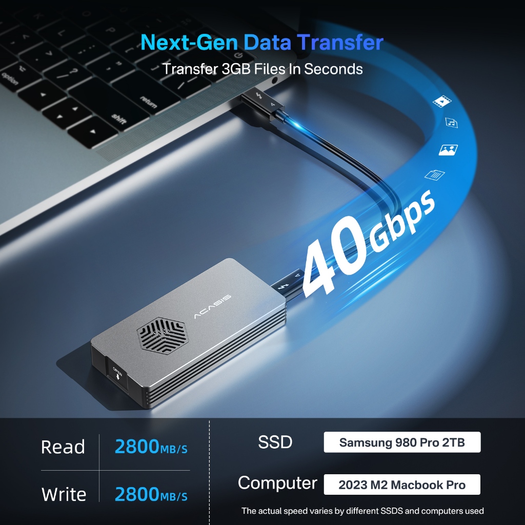 Acasis 40Gbps Thunderbolt4 USB4.0 NVME M.2 SSD Enclosure ใช้งานร่วมกับ USB 4.0/3.2/3.1/3.0/2.0 ไม่มีการติดตั้งกรณี SSD, TBU401 อัพเกรด Cooling-fan ฟรีสาย USB-C (TBU401PRO)