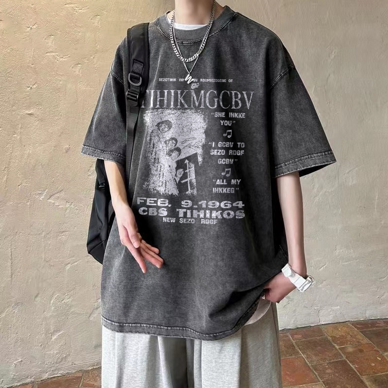 qkoole เสื้อยืดฟอก OVERSIZE เสื้อยืดผู้ชาย cotton คอกลมแขนสั้น T1291