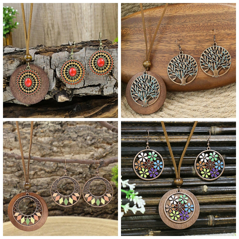 3 ชิ้น Bohemian ดอกไม้ Tree Of Life จี้สร้อยคอต่างหูผู้หญิงที่มีสีสันเคลือบรอบ Hollow ไม้ชิปชุดเครื่องประดับ