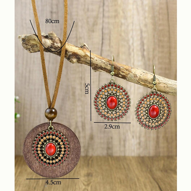 3 ชิ้น Bohemian ดอกไม้ Tree Of Life จี้สร้อยคอต่างหูผู้หญิงที่มีสีสันเคลือบรอบ Hollow ไม้ชิปชุดเครื่องประดับ - รูปที่ 2