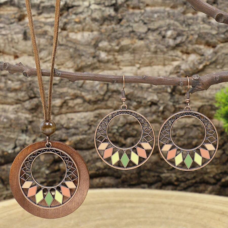 3 ชิ้น Bohemian ดอกไม้ Tree Of Life จี้สร้อยคอต่างหูผู้หญิงที่มีสีสันเคลือบรอบ Hollow ไม้ชิปชุดเครื่องประดับ - รูปที่ 3