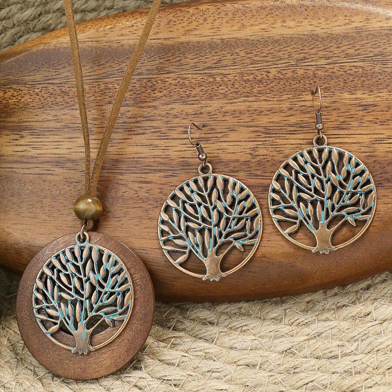 3 ชิ้น Bohemian ดอกไม้ Tree Of Life จี้สร้อยคอต่างหูผู้หญิงที่มีสีสันเคลือบรอบ Hollow ไม้ชิปชุดเครื่องประดับ - รูปที่ 5