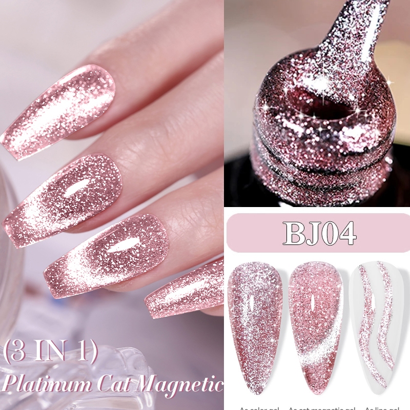 Lilycute 3 IN 1 Platinum Rose Gold Cat Magnetic Gel ยาทาเล็บ Moonlight Magnetic Gel Glitter กึ่งถาวร UV เจล 7ML