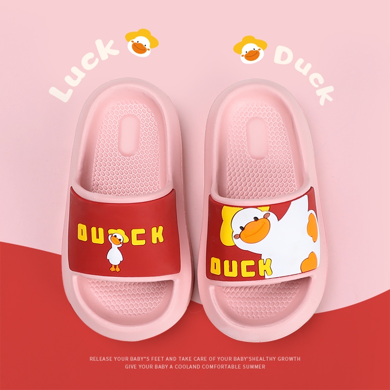 Cheerful Mario 17-22ซม Slipper เด็ก พิมพ์ลายการ์ตูน รองเท้าแตะเป็ดเด็ก เหมาะกับเดินชายหาด ชมพู วัสดุEVA กันลื่น แตะเด็กผู้หญิง