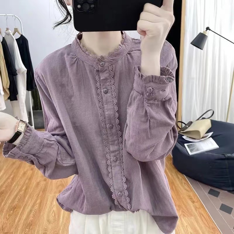สไตล์เกาหลีผู้หญิงสุภาพสตรีหลวมผ้าฝ้าย Ruffle ลูกไม้เสื้อแขนยาวเสื้อแขนยาว – โปรปัง