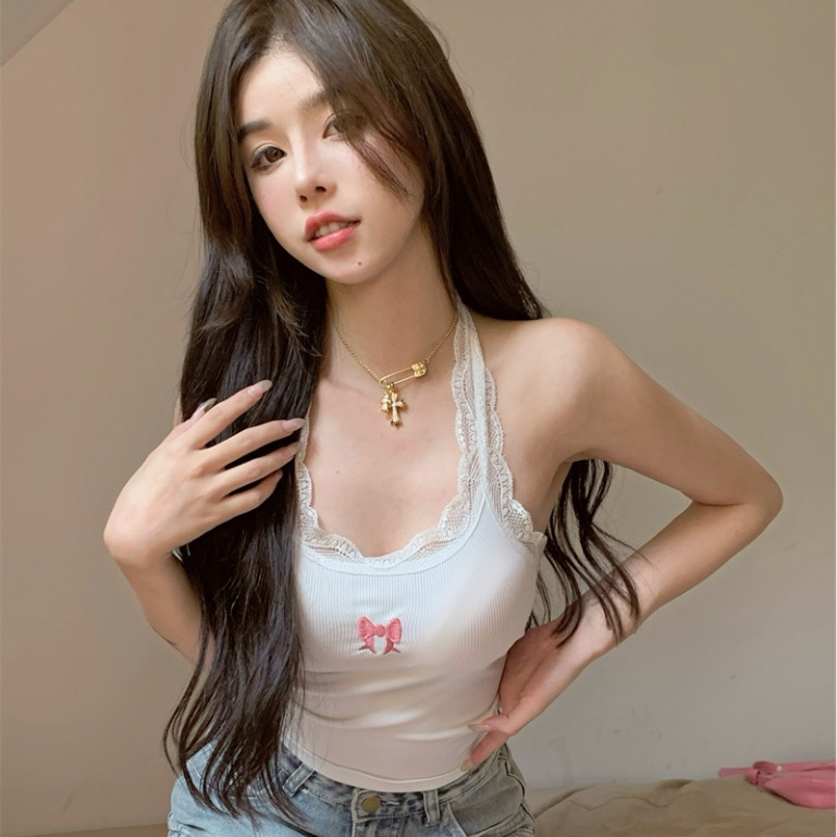 เสื้อสายเดี่ยว แขนกุด ปักลายลูกไม้ ประดับโบว์ เหมาะกับฤดูร้อน สําหรับผู้หญิง