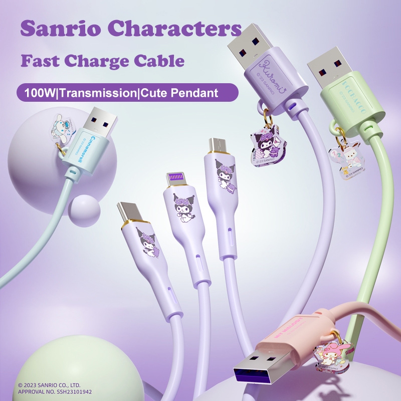 Sanrio SJ-667 3 In 1 100W Fast Charging Data Cable Kuromi Cinnamoroll My Melody Pochacco Type-c โทรศัพท ์ มือถือน ่ ารักแบบพกพาแฟลชสายชาร ์ จ Sanrio อะคริลิค Pendent 1.2 M
